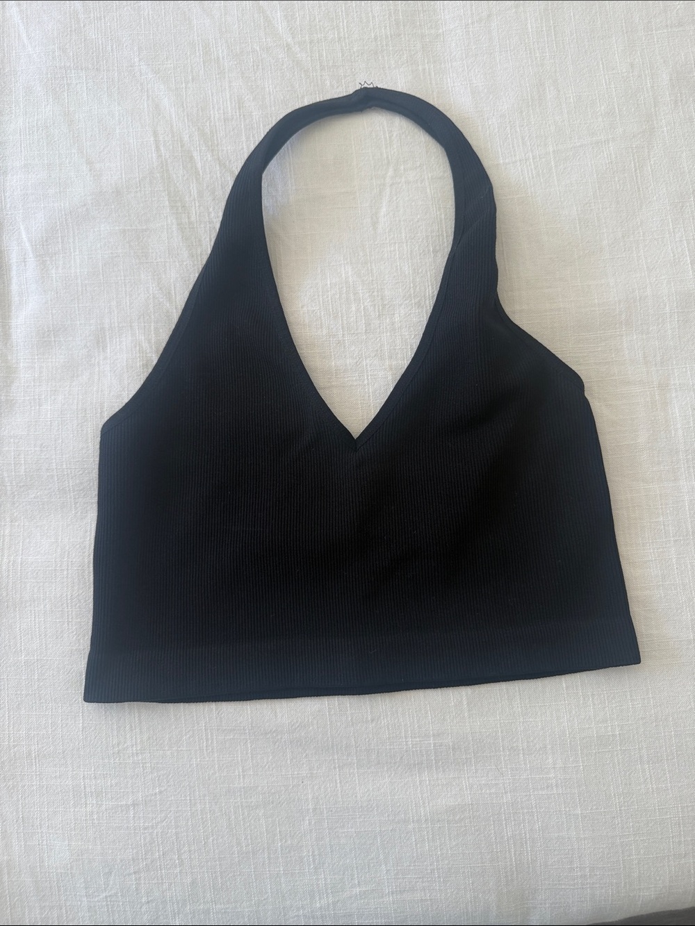 Black Ribbed V-Neck Halter Crop Top